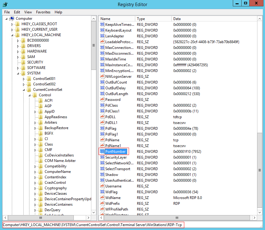 Change the RDP port in the registry editor