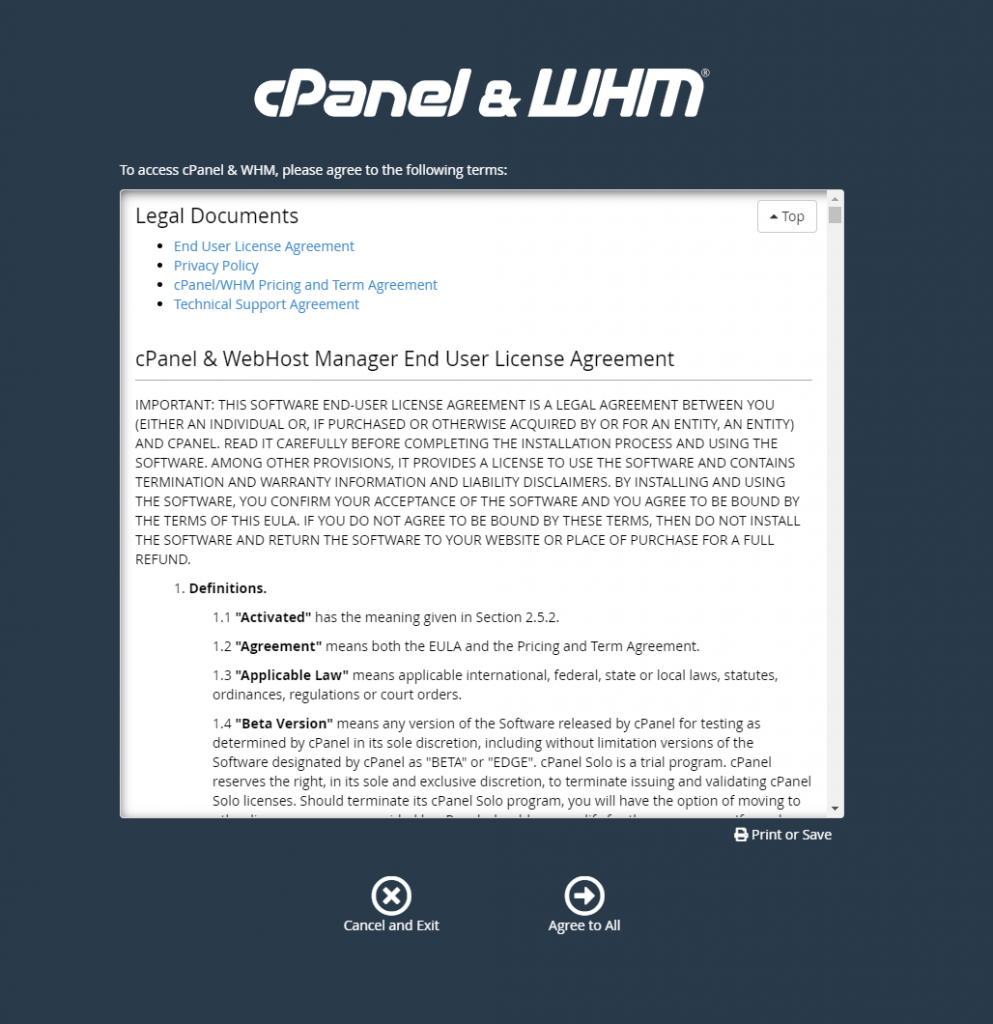 Accept cPanel Terms to continue basic WHM configurations