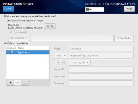 choosing installation source when installing centos 8