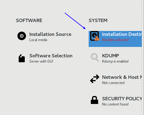 setting installation destination when installing centos 8