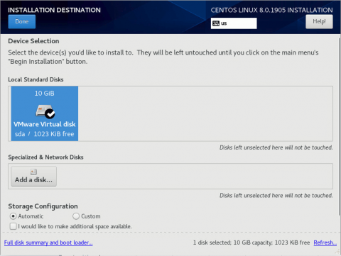 choosing installation destination when installing centos 8