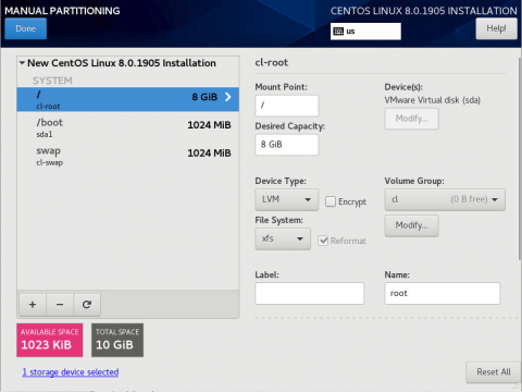 partitions when installing centos 8