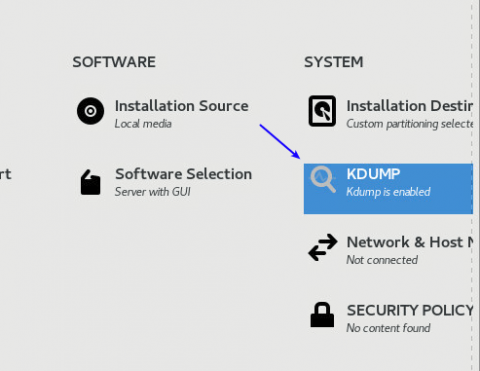 choosing kdump when installing centos 8