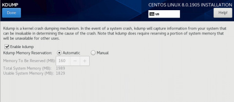 kdump setting when installing centos 8