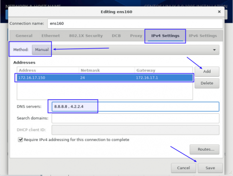 static network setting when installing centos 8