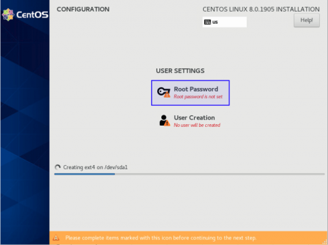 user setting when installing centos 8