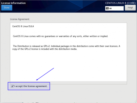 accept license when installing centos 8