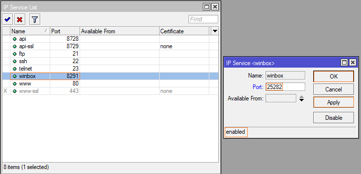 Changing port in Winbox services tab