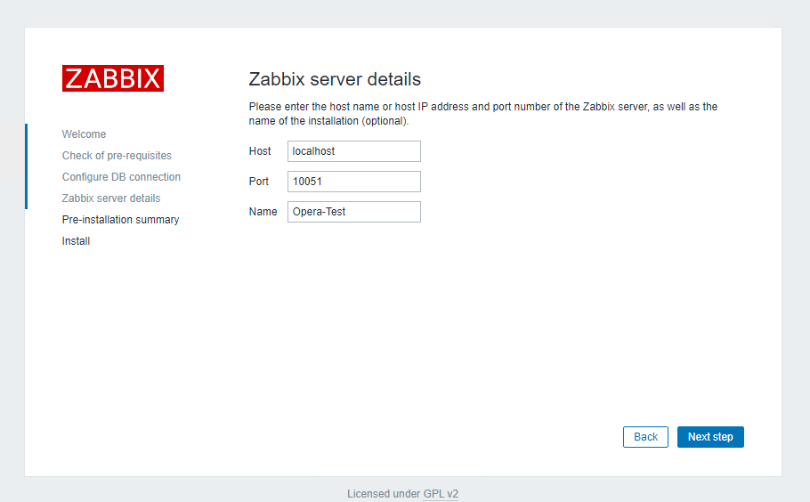 Choose a name for the installed Zabbix