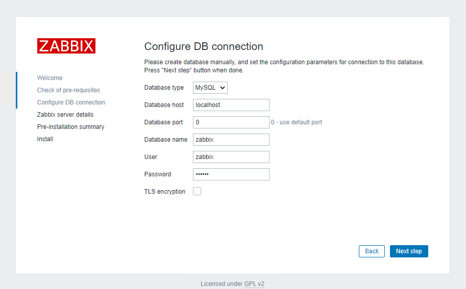 Configure DB connection in Zabbix