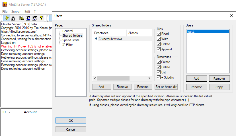 filezilla windows 2016 not accessing directory