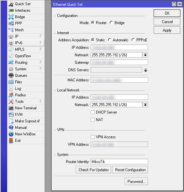 Click on Quick set on the left side when updating Mikrotik-