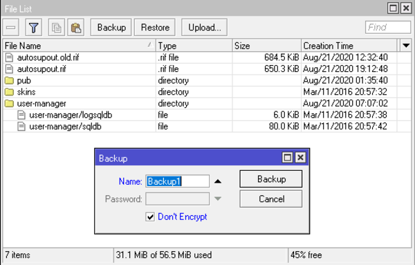 backup configuration files before updating Mikrotik