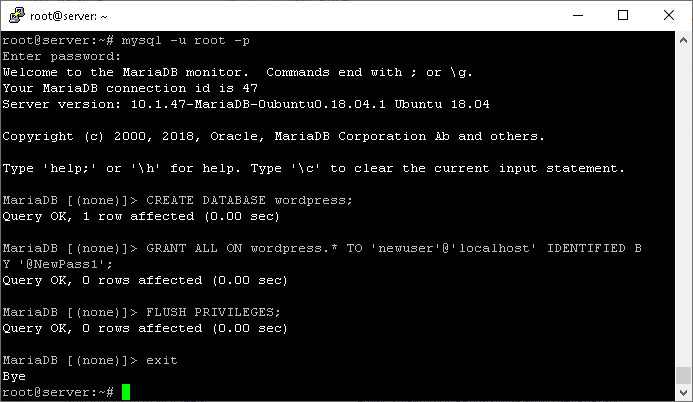 create database and username when you install wordpress on ubuntu 18 vps