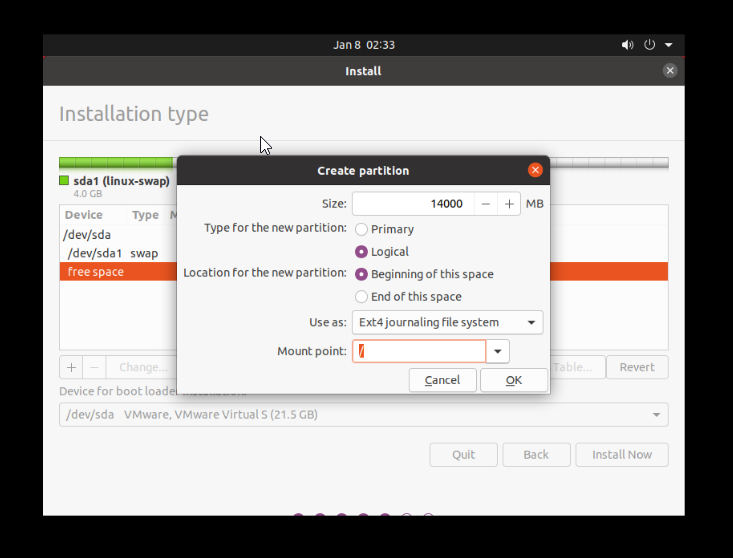 Allocate root memory when you install ubuntu alongside windows 10