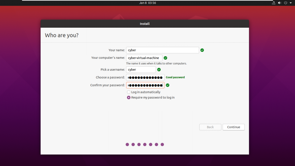 Select username and password in Linux installation