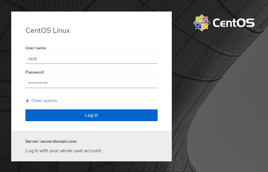 CentOS 8 native web interface Console Login page