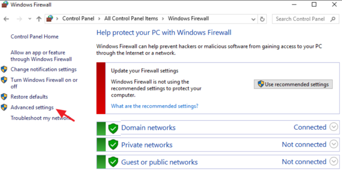 Advanced Settings in Windows Firewall