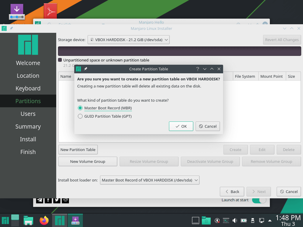 installing manjaro linux, Hard disk partitioning