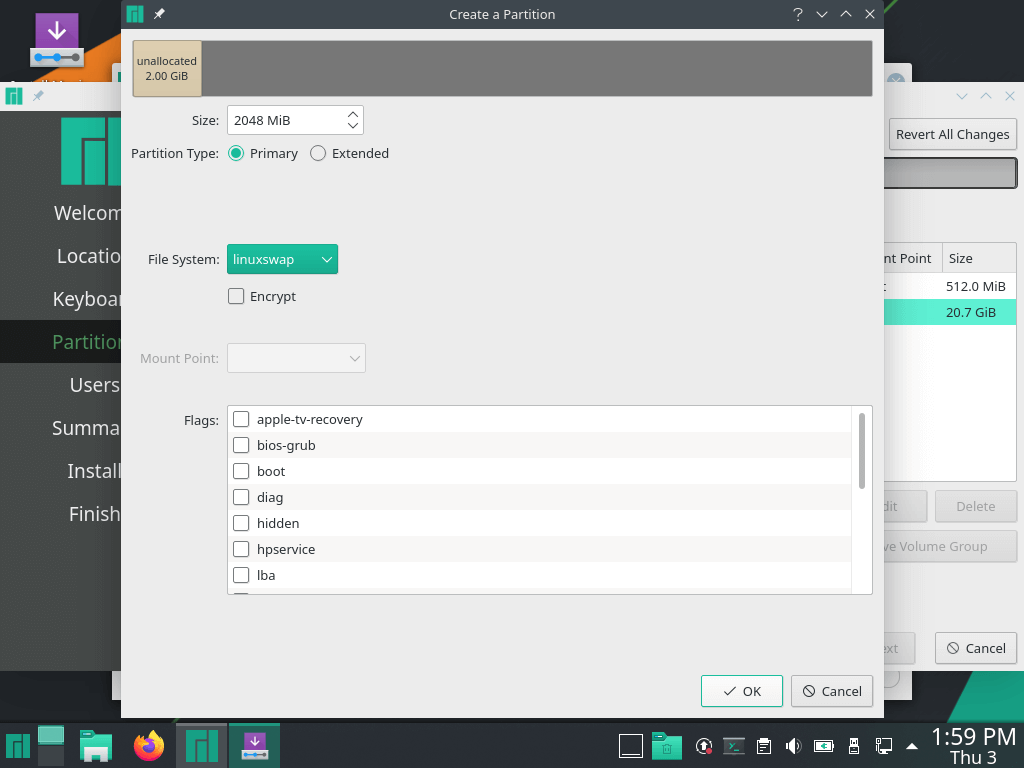 installing manjaro linux, Creating a Swap partition