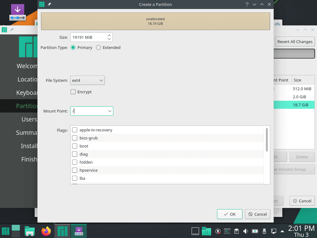 installing manjaro linux, Creating the Root partition