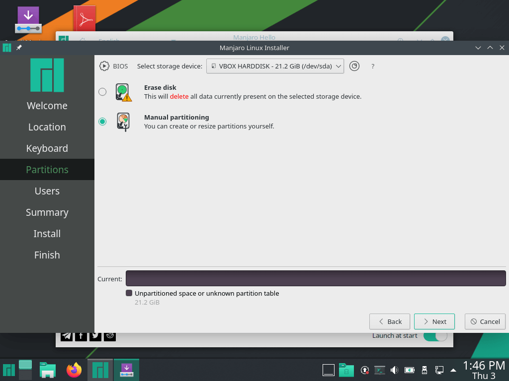 install manjaro Linux, Hard disk partitioning