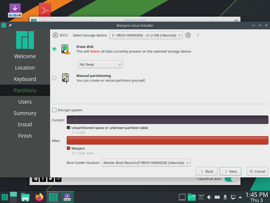 install manjaro, Hard disk partitioning