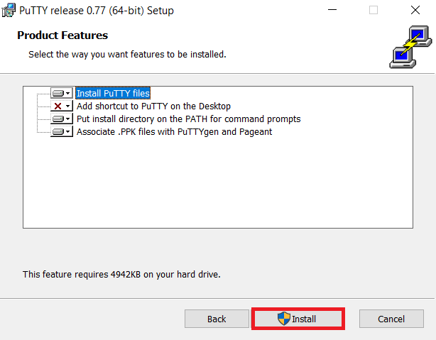 select product features for installing PuTTY