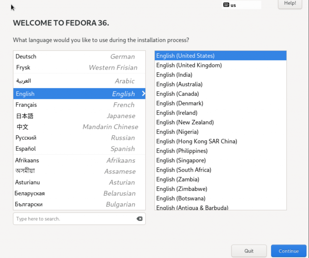 Installing Fedora36, selecting language