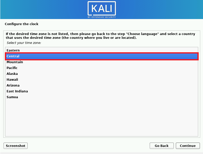 Kali Linux Timezone selection