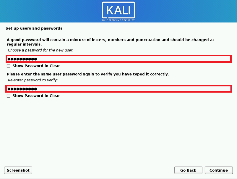 Kali Linux password setup