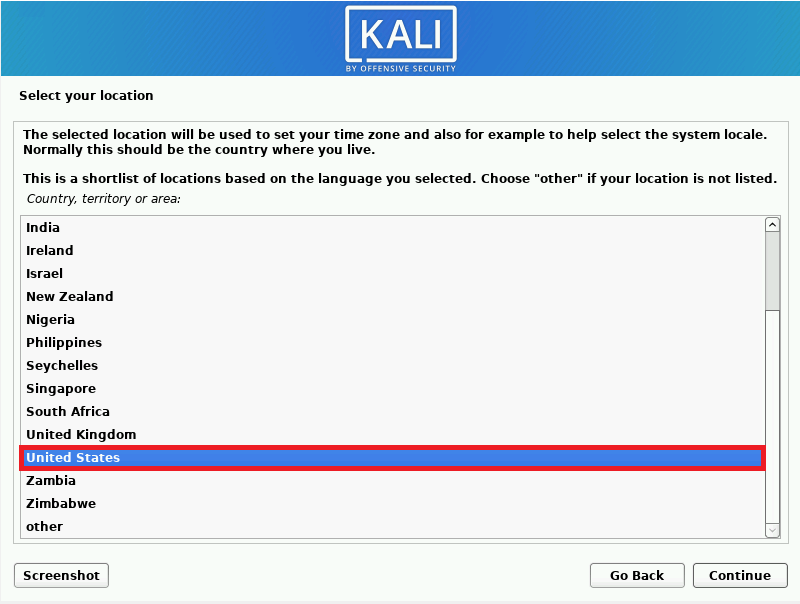 Selecting Kali Linix location 