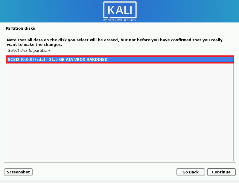 Hard disk selection in Kali Linux