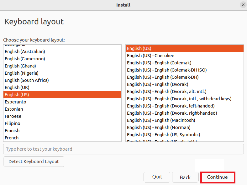 Choose keyboard layout in Ubuntu