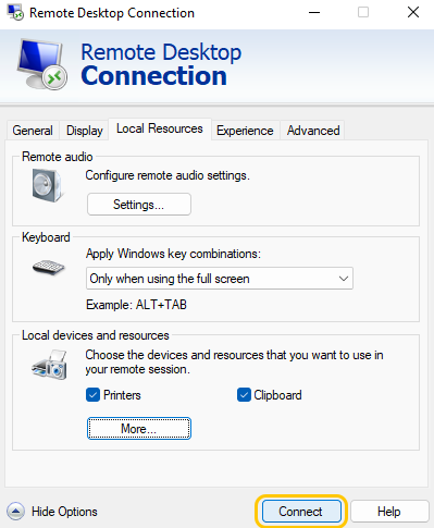 configuring the remote desktop connection for Transfering Files 