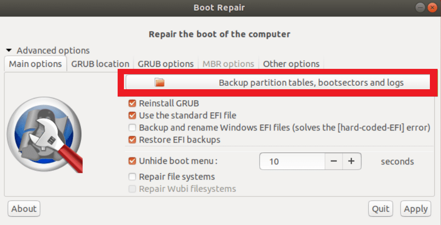 Back-Up Partition Table using Boot Repair