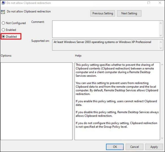 Configuration of the Group Policy editor for enabling copy-paste