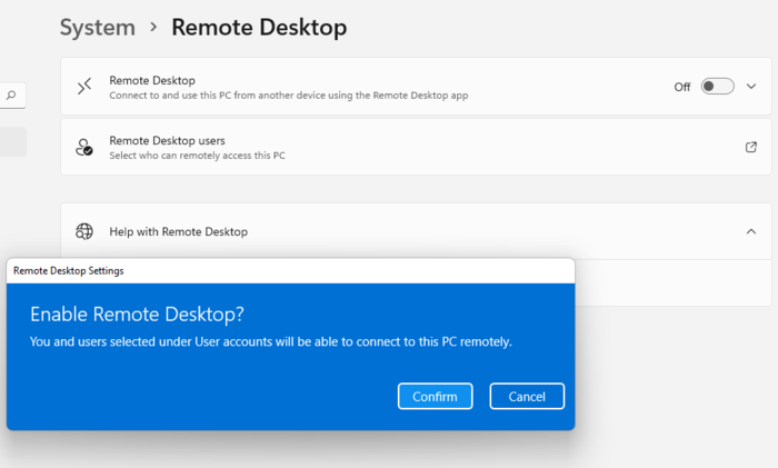 configuration of Remote Desktop Connection settings