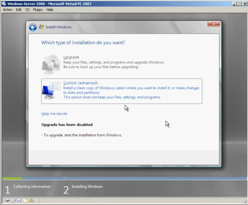 Choose the Type of Windows Server Installation