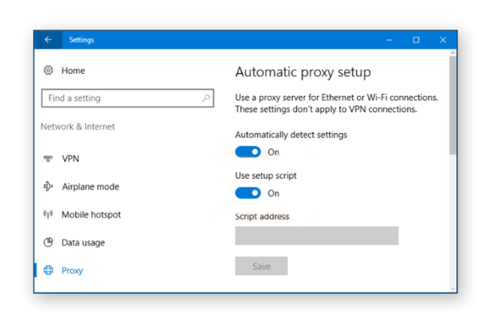 Configuring the proxy server in Windows