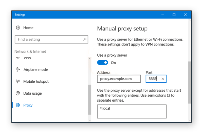 Configuring the proxy server in Windows