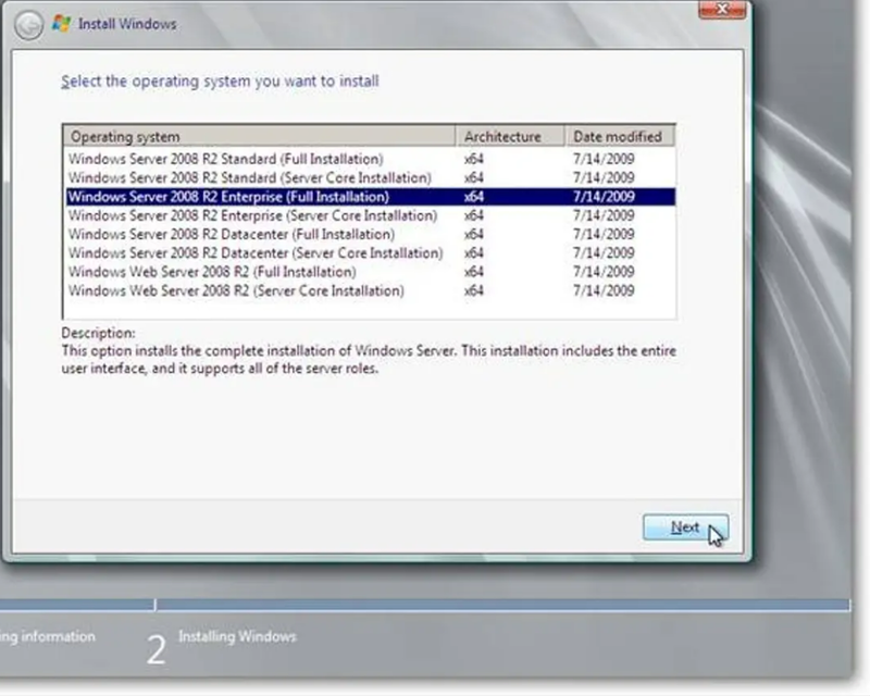 Operating System Selection on Windows Server 2008 R2