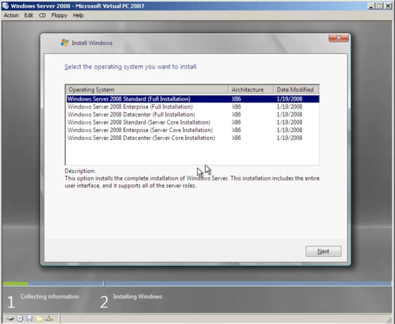 Operating System Selection on Windows Server 2008