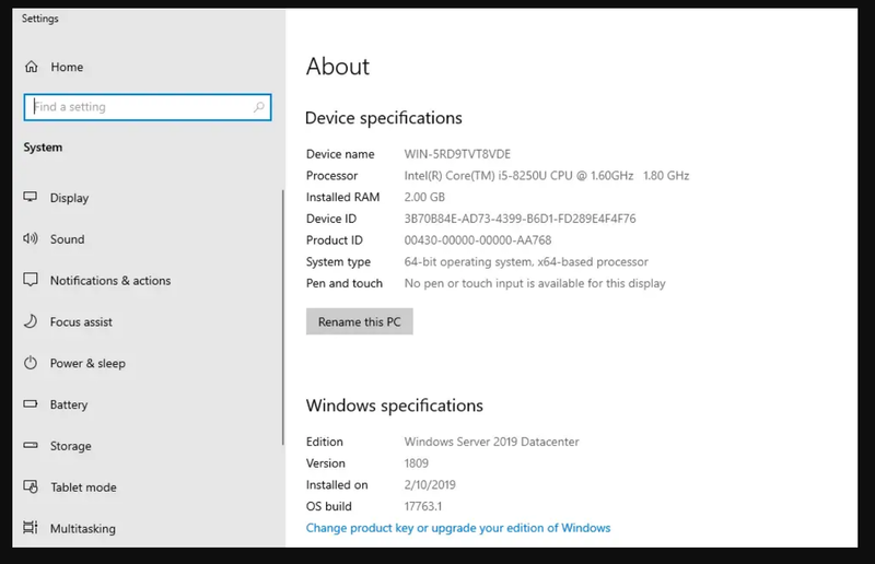 Windows Server 2019 Settings