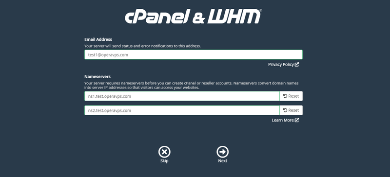 add email address and set name servers