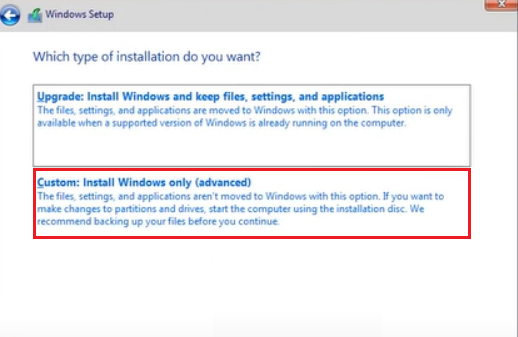 Select type of installation on Windows 11