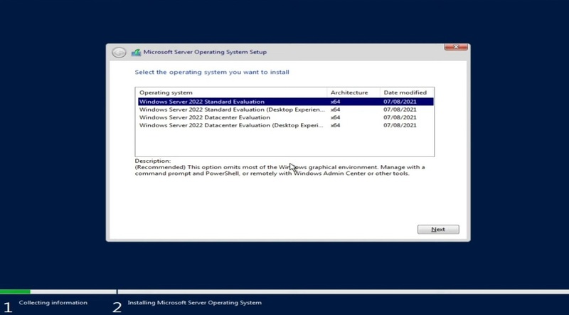 Choosing Windows Server 2022 operating system