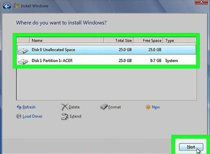 Decide on which hard drive and partition you want to install Windows on