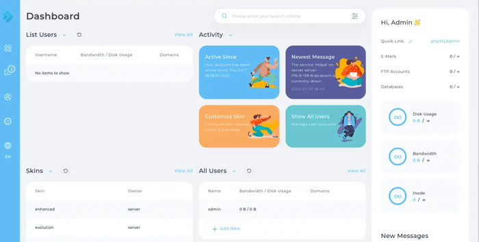 DirectAdmin control panel Dashboard