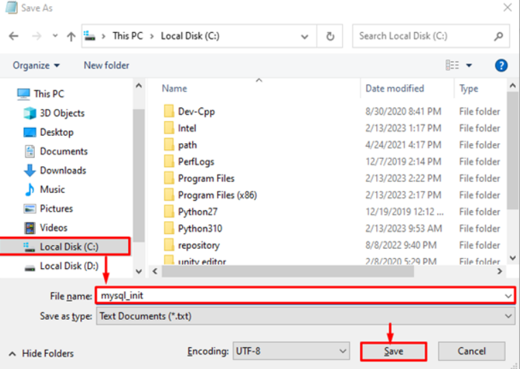 How to specify the file name as mysql_init in Windows